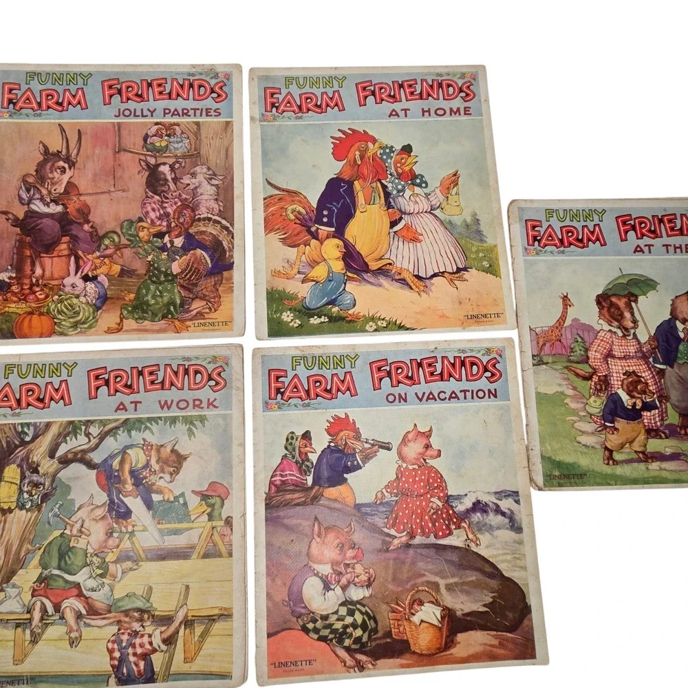 Vintage 1938 Funny Farm Friends Complete 7 Book Lot #450-456 Linenette